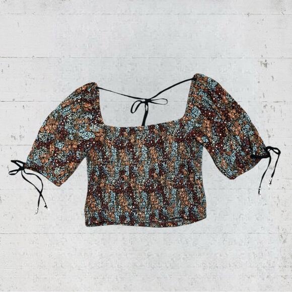 Free People Back On Top Cropped Top Dark Combo Size S Boho Smocked Puff Sleeve - Picture 9 of 13